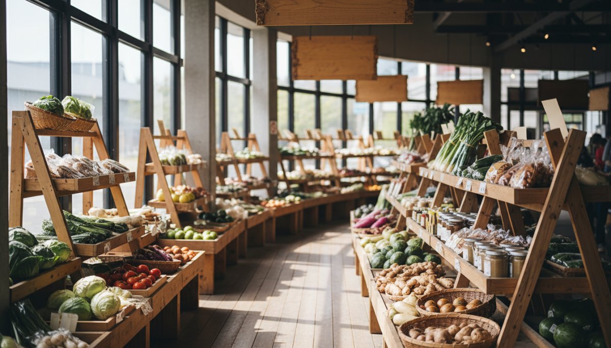 道の駅の農産物直売所で商品を陳列する様子