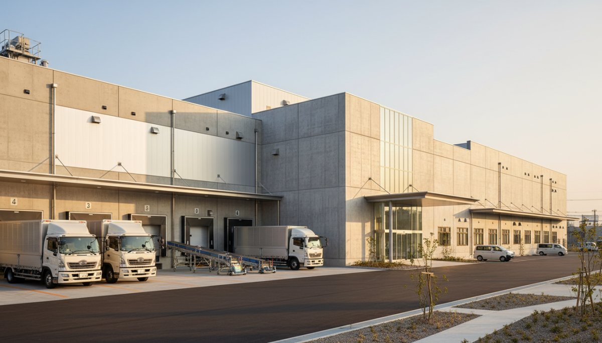 関西の食品製造工場の外観と物流設備